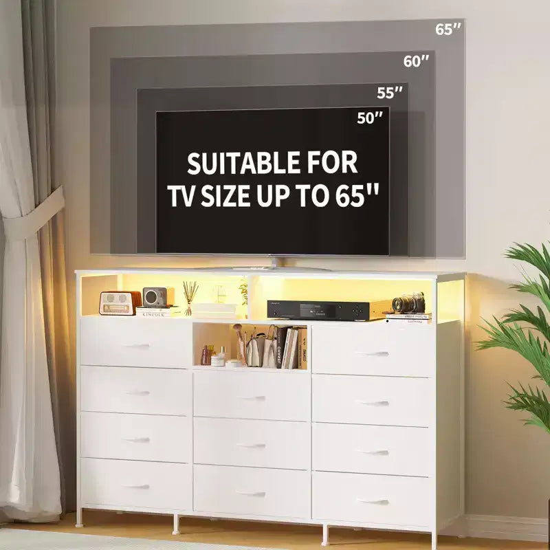 Dresser for Bedroom with 11 Drawers, Fabric Dressers & Chest of Drawers with Open Shelves for Hallway, Living Room, Steel Frame, Wood Top