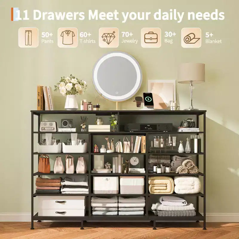 Dresser for Bedroom with 11 Drawers, Fabric Dressers & Chest of Drawers with Open Shelves for Hallway, Living Room, Steel Frame, Wood Top