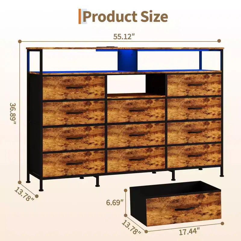 Dresser for Bedroom with 11 Drawers, Fabric Dressers & Chest of Drawers with Open Shelves for Hallway, Living Room, Steel Frame, Wood Top