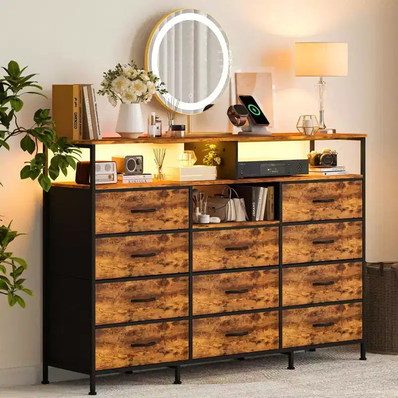Dresser for Bedroom with 11 Drawers, Fabric Dressers & Chest of Drawers with Open Shelves for Hallway, Living Room, Steel Frame, Wood Top
