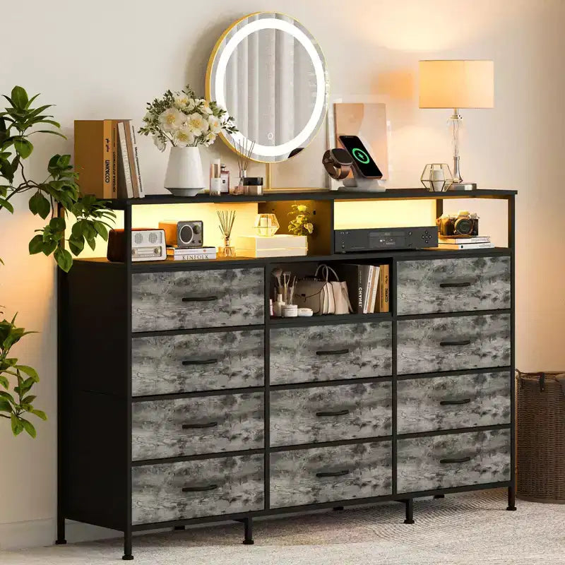 Dresser for Bedroom with 11 Drawers, Fabric Dressers & Chest of Drawers with Open Shelves for Hallway, Living Room, Steel Frame, Wood Top
