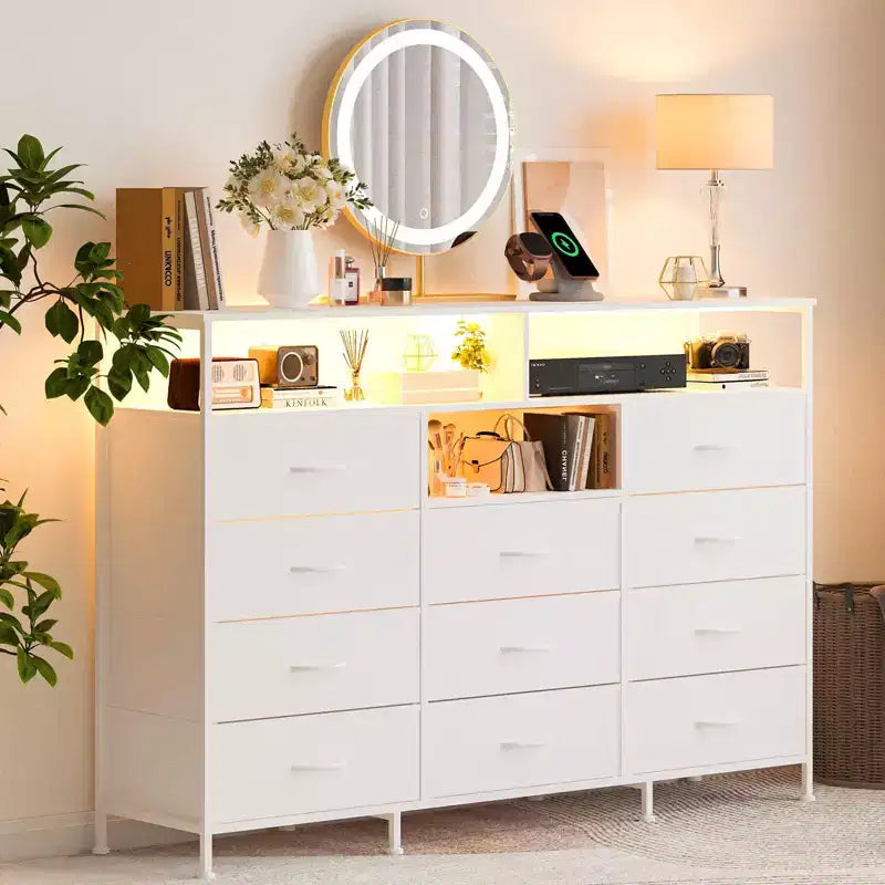 Dresser for Bedroom with 11 Drawers, Fabric Dressers & Chest of Drawers with Open Shelves for Hallway, Living Room, Steel Frame, Wood Top
