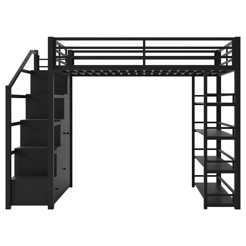 Queen Size Metal Loft Bed with Storage Shelves, Cabinets and Wardrobe