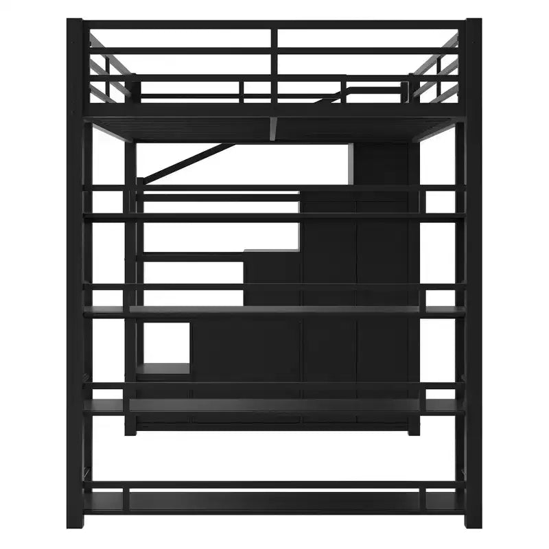 Queen Size Metal Loft Bed with Storage Shelves, Cabinets and Wardrobe