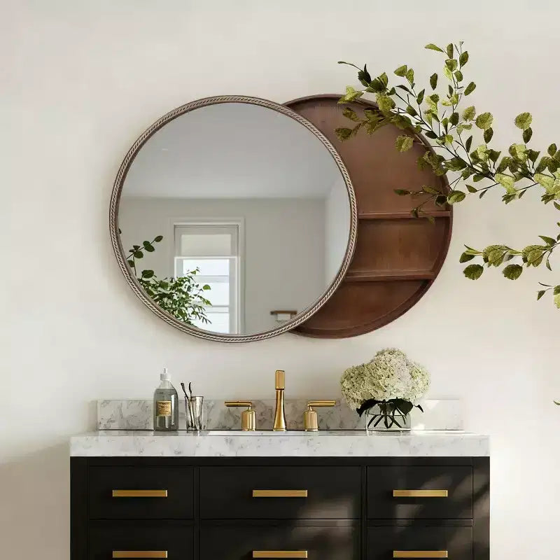 23.6" Modern Sliding Round Wall Mirror with Storage, Space-Saving Vanity Mirror for Bathroom, Accent Mirror for Living Room