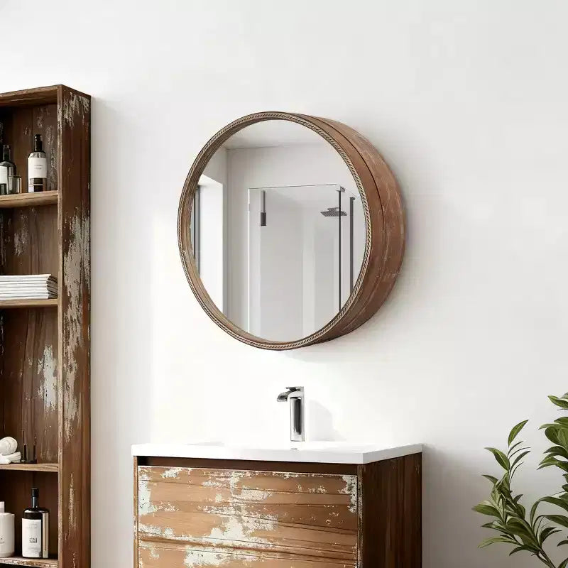 23.6" Modern Sliding Round Wall Mirror with Storage, Space-Saving Vanity Mirror for Bathroom, Accent Mirror for Living Room