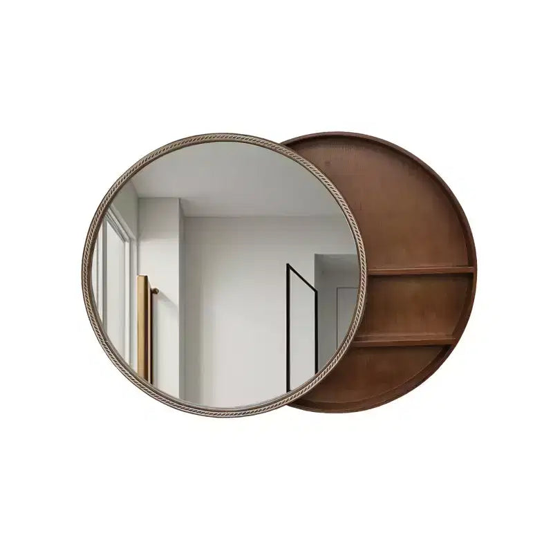 23.6" Modern Sliding Round Wall Mirror with Storage, Space-Saving Vanity Mirror for Bathroom, Accent Mirror for Living Room
