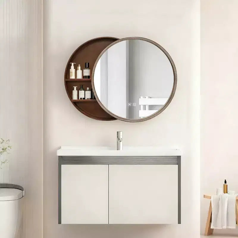 23.6" Modern Sliding Round Wall Mirror with Storage, Space-Saving Vanity Mirror for Bathroom, Accent Mirror for Living Room