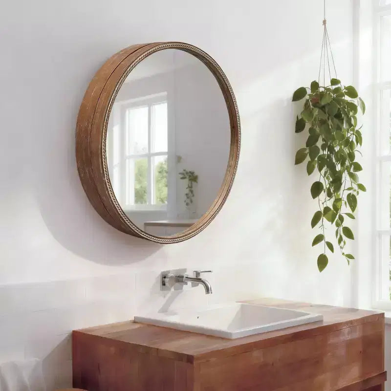 23.6" Modern Sliding Round Wall Mirror with Storage, Space-Saving Vanity Mirror for Bathroom, Accent Mirror for Living Room