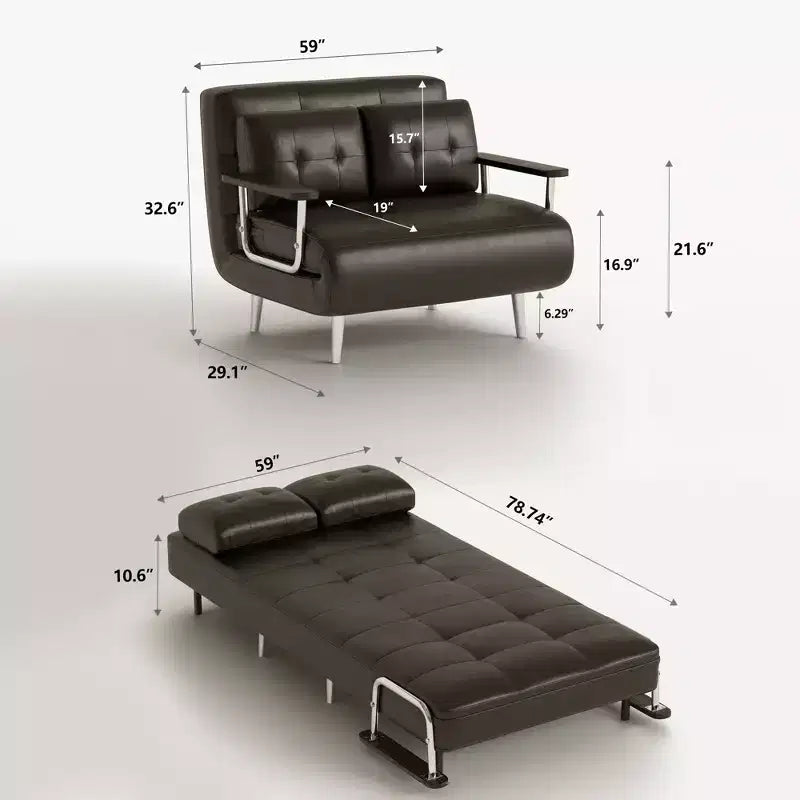 59" Mid-Century Modern Cognac Faux Leather Convertible Sofa Bed with High Density Foam and Hidden Support Legs