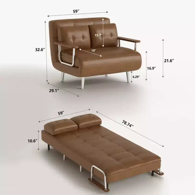 59" Mid-Century Modern Cognac Faux Leather Convertible Sofa Bed with High Density Foam and Hidden Support Legs