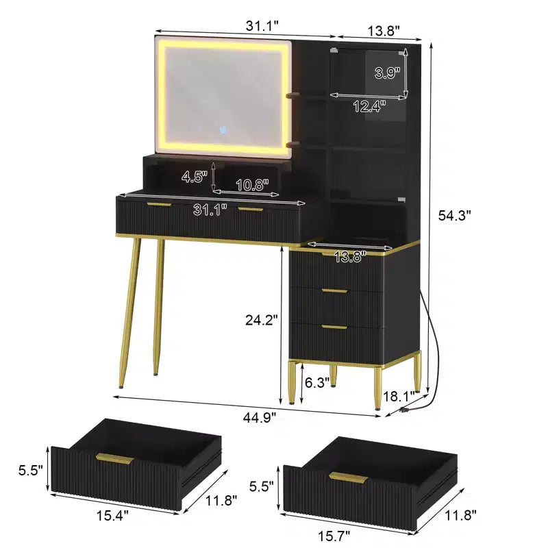 Fluted Makeup Vanity Desk with 30 Mirror, 5 drawers, and adjustable brightness, suitable for the bedroom.