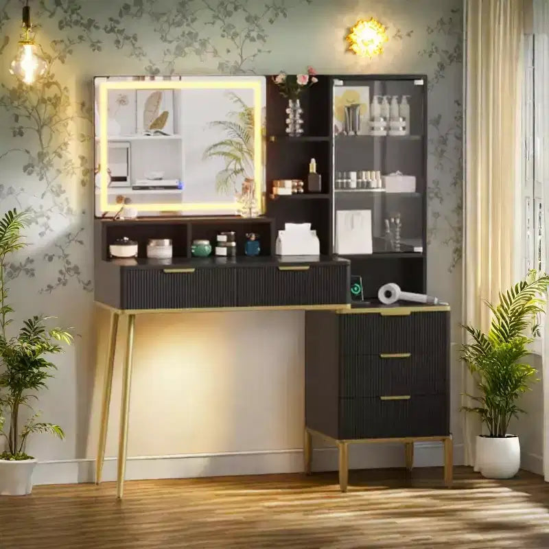 Fluted Makeup Vanity Desk with 30 Mirror, 5 drawers, and adjustable brightness, suitable for the bedroom.