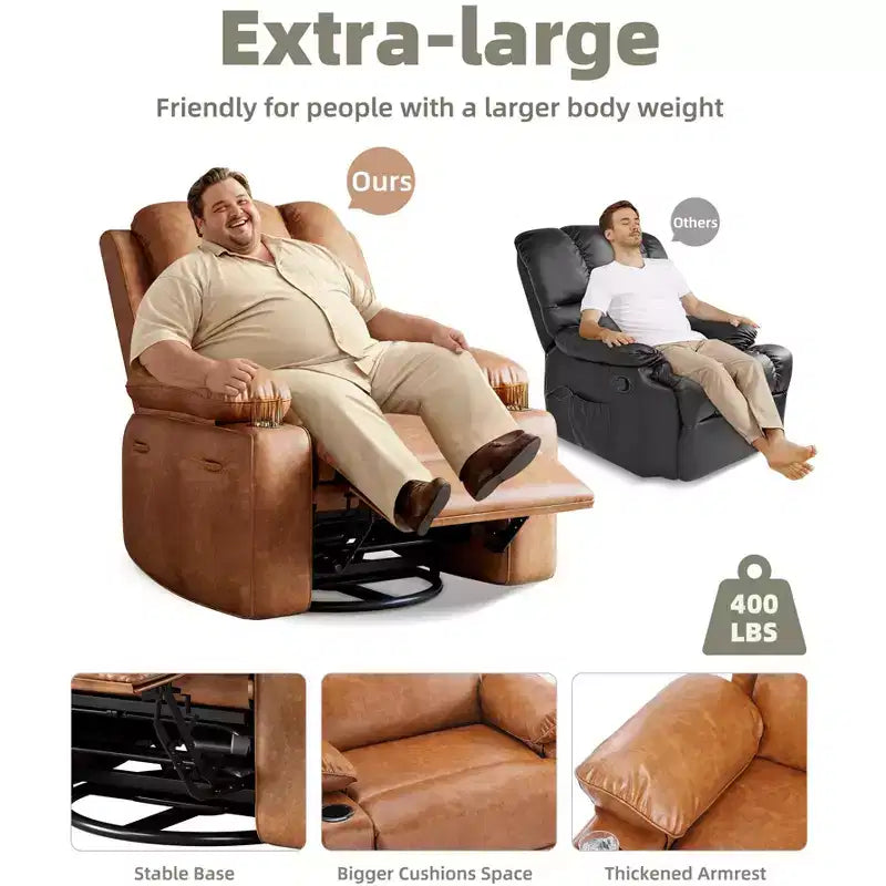 Extra-large swivel rocking chair with heating and massage functions, manually adjustable backrest, ergonomic support, double cup holders