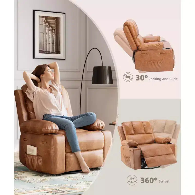 Extra-large swivel rocking chair with heating and massage functions, manually adjustable backrest, ergonomic support, double cup holders