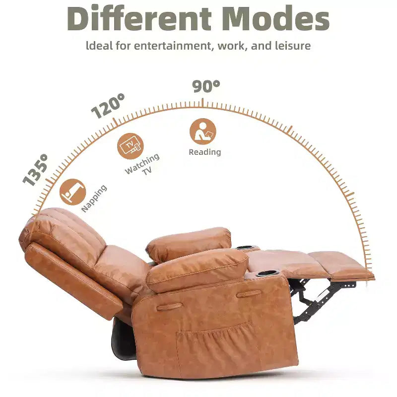Extra-large swivel rocking chair with heating and massage functions, manually adjustable backrest, ergonomic support, double cup holders