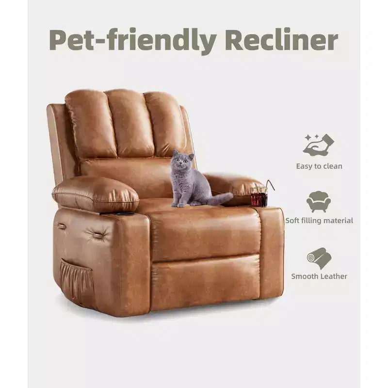 Extra-large swivel rocking chair with heating and massage functions, manually adjustable backrest, ergonomic support, double cup holders
