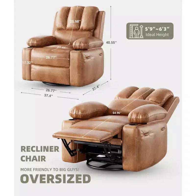 Extra-large swivel rocking chair with heating and massage functions, manually adjustable backrest, ergonomic support, double cup holders