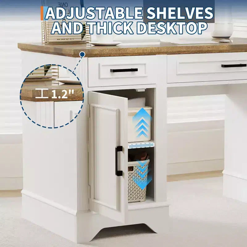 58" Fluted Executive Desk with Keyboard Tray, 5 Embossed Drawers & Storage Cabinet, Farmhouse Home Office Desk