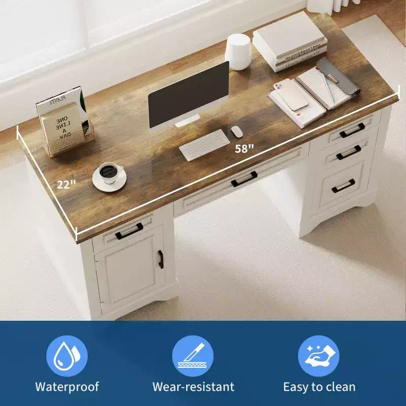 58" Fluted Executive Desk with Keyboard Tray, 5 Embossed Drawers & Storage Cabinet, Farmhouse Home Office Desk