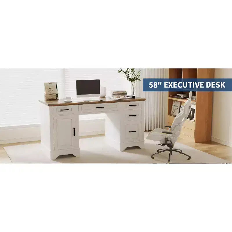 58" Fluted Executive Desk with Keyboard Tray, 5 Embossed Drawers & Storage Cabinet, Farmhouse Home Office Desk
