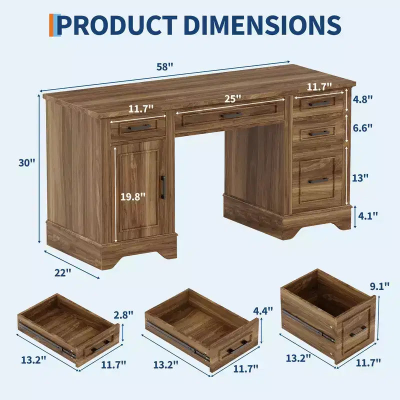58" Fluted Executive Desk with Keyboard Tray, 5 Embossed Drawers & Storage Cabinet, Farmhouse Home Office Desk