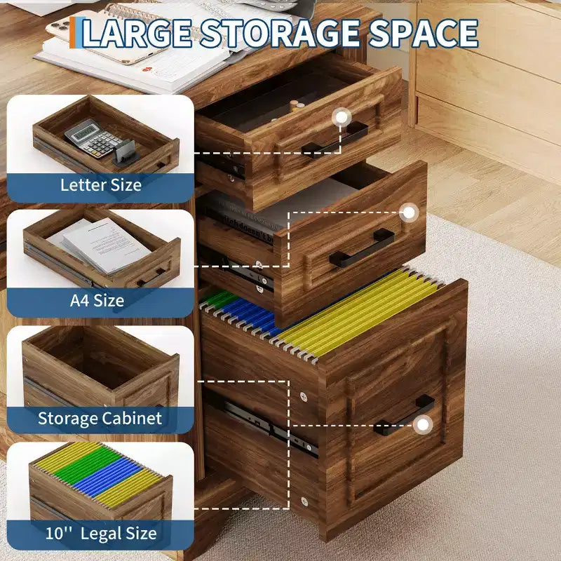 58" Fluted Executive Desk with Keyboard Tray, 5 Embossed Drawers & Storage Cabinet, Farmhouse Home Office Desk