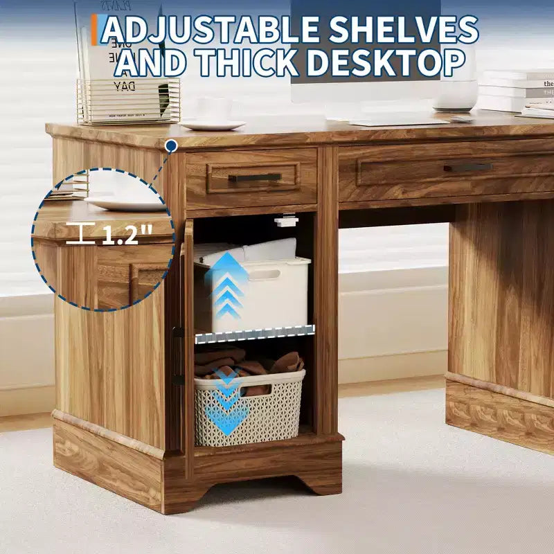 58" Fluted Executive Desk with Keyboard Tray, 5 Embossed Drawers & Storage Cabinet, Farmhouse Home Office Desk