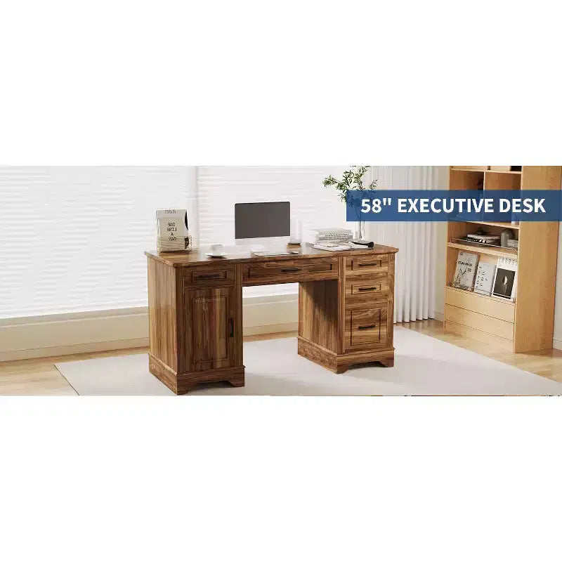 58" Fluted Executive Desk with Keyboard Tray, 5 Embossed Drawers & Storage Cabinet, Farmhouse Home Office Desk
