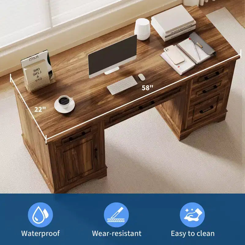 58" Fluted Executive Desk with Keyboard Tray, 5 Embossed Drawers & Storage Cabinet, Farmhouse Home Office Desk