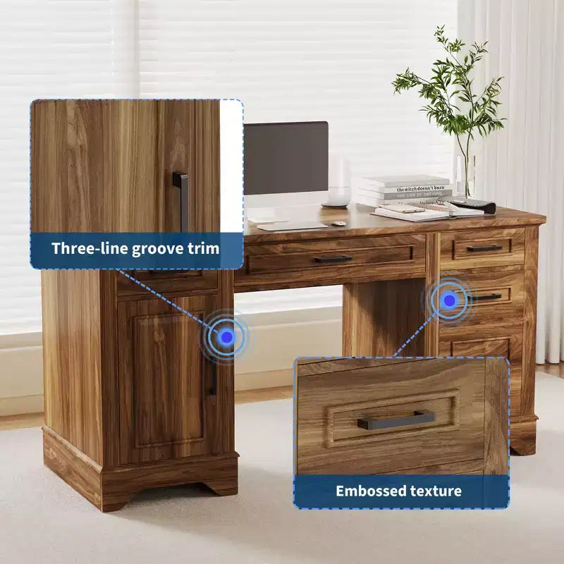 58" Fluted Executive Desk with Keyboard Tray, 5 Embossed Drawers & Storage Cabinet, Farmhouse Home Office Desk