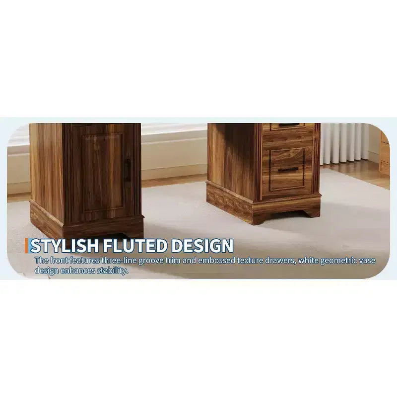58" Fluted Executive Desk with Keyboard Tray, 5 Embossed Drawers & Storage Cabinet, Farmhouse Home Office Desk