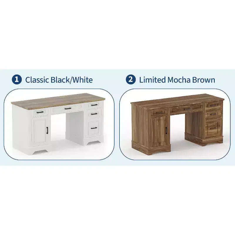 58" Fluted Executive Desk with Keyboard Tray, 5 Embossed Drawers & Storage Cabinet, Farmhouse Home Office Desk
