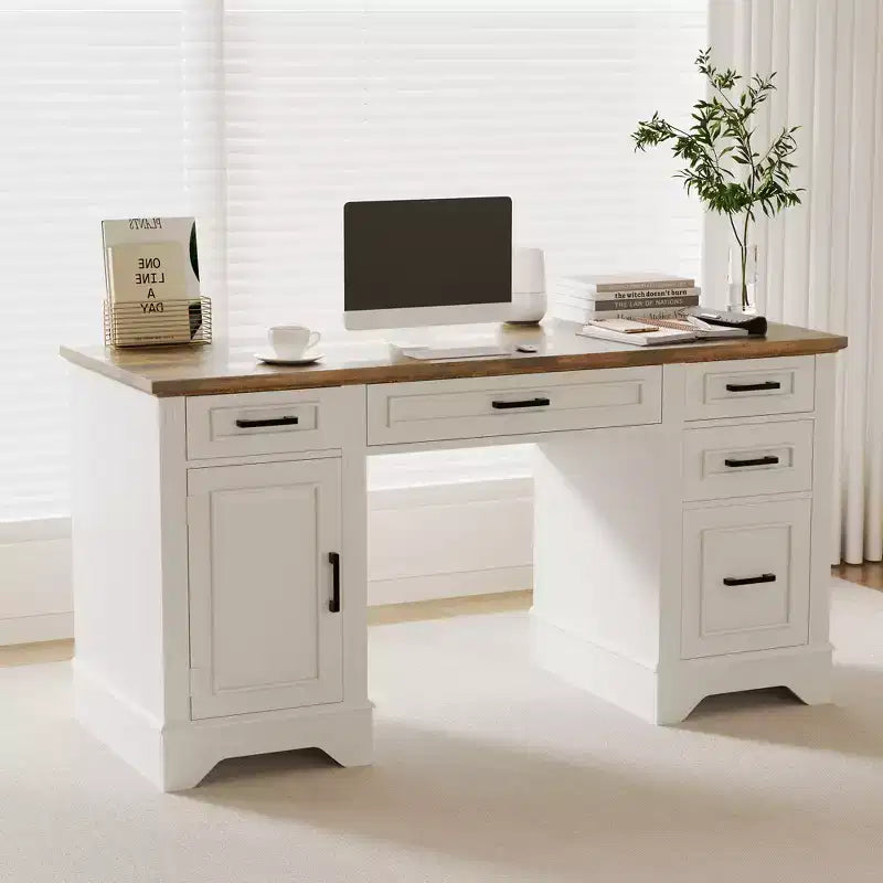 58" Fluted Executive Desk with Keyboard Tray, 5 Embossed Drawers & Storage Cabinet, Farmhouse Home Office Desk