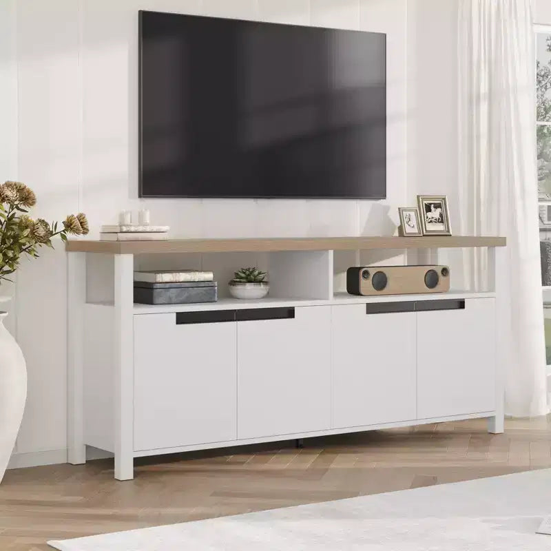63 Farmhouse TV Stand for TVs Up to 65, Long Entertainment Center with 4 Doors & Open Shelf, for Living Room, Bedroom