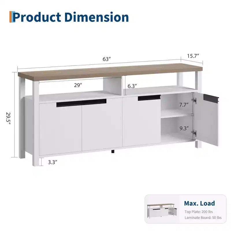 63 Farmhouse TV Stand for TVs Up to 65, Long Entertainment Center with 4 Doors & Open Shelf, for Living Room, Bedroom