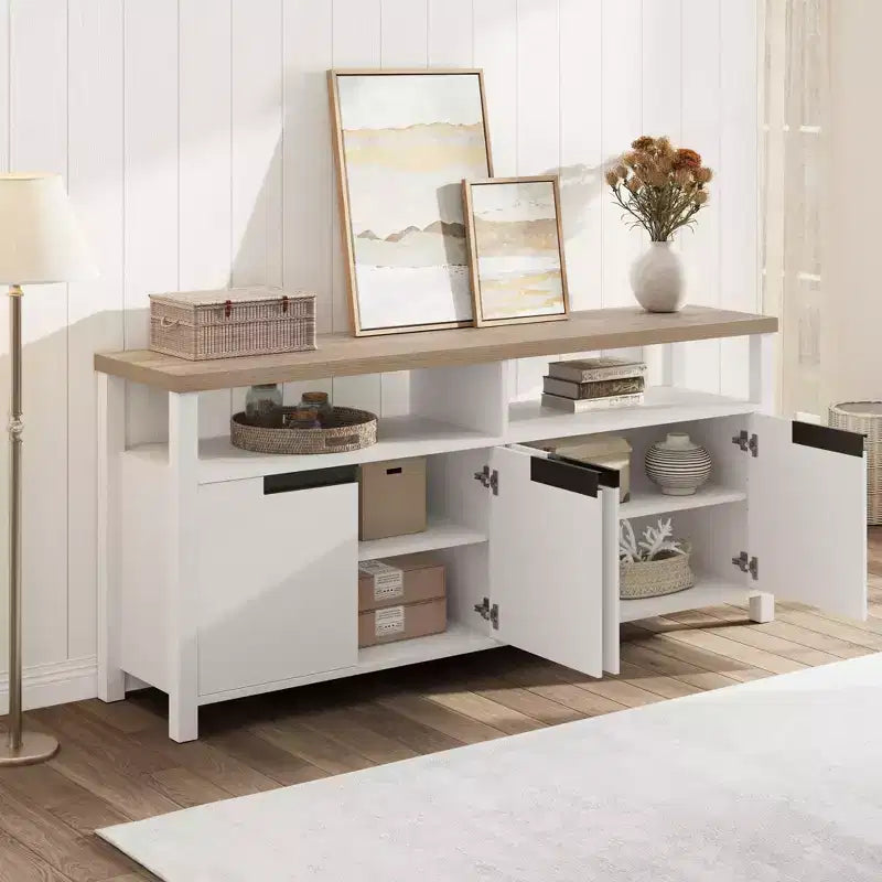 63 Farmhouse TV Stand for TVs Up to 65, Long Entertainment Center with 4 Doors & Open Shelf, for Living Room, Bedroom