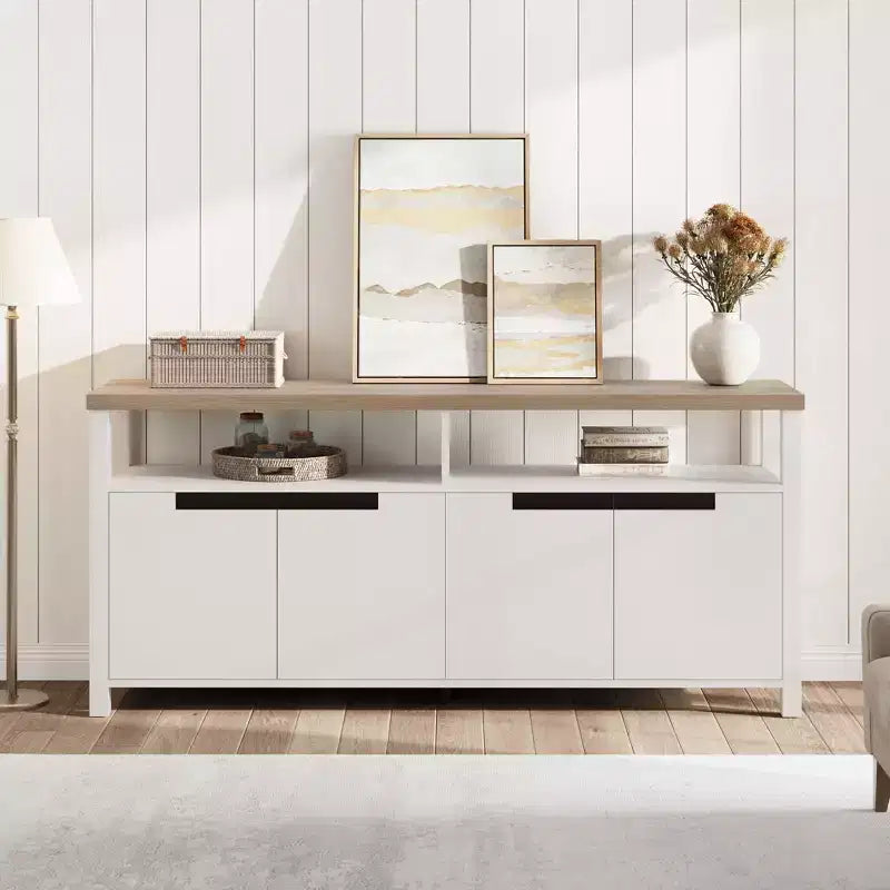63 Farmhouse TV Stand for TVs Up to 65, Long Entertainment Center with 4 Doors & Open Shelf, for Living Room, Bedroom