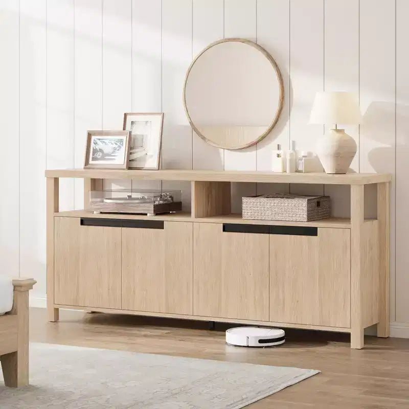 63 Farmhouse TV Stand for TVs Up to 65, Long Entertainment Center with 4 Doors & Open Shelf, for Living Room, Bedroom