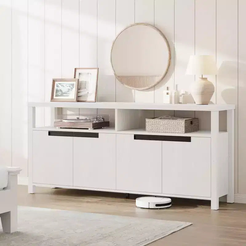 63 Farmhouse TV Stand for TVs Up to 65, Long Entertainment Center with 4 Doors & Open Shelf, for Living Room, Bedroom