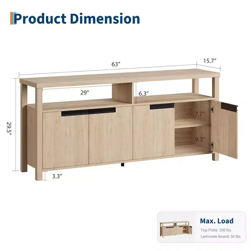 63 Farmhouse TV Stand for TVs Up to 65, Long Entertainment Center with 4 Doors & Open Shelf, for Living Room, Bedroom
