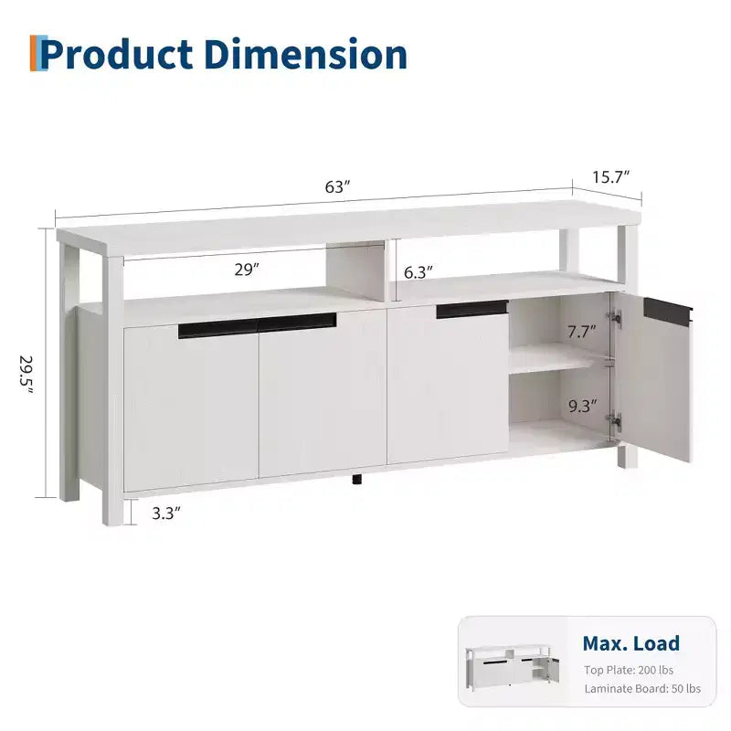 63 Farmhouse TV Stand for TVs Up to 65, Long Entertainment Center with 4 Doors & Open Shelf, for Living Room, Bedroom