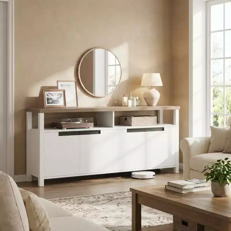 63 Farmhouse TV Stand for TVs Up to 65, Long Entertainment Center with 4 Doors & Open Shelf, for Living Room, Bedroom