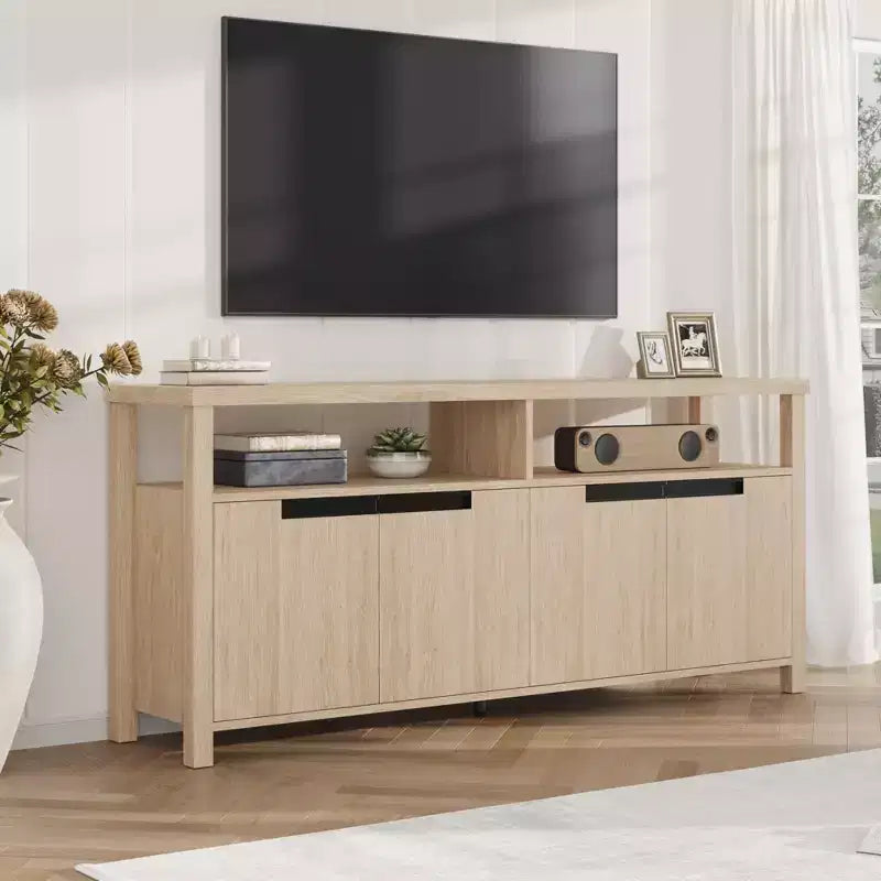 63 Farmhouse TV Stand for TVs Up to 65, Long Entertainment Center with 4 Doors & Open Shelf, for Living Room, Bedroom