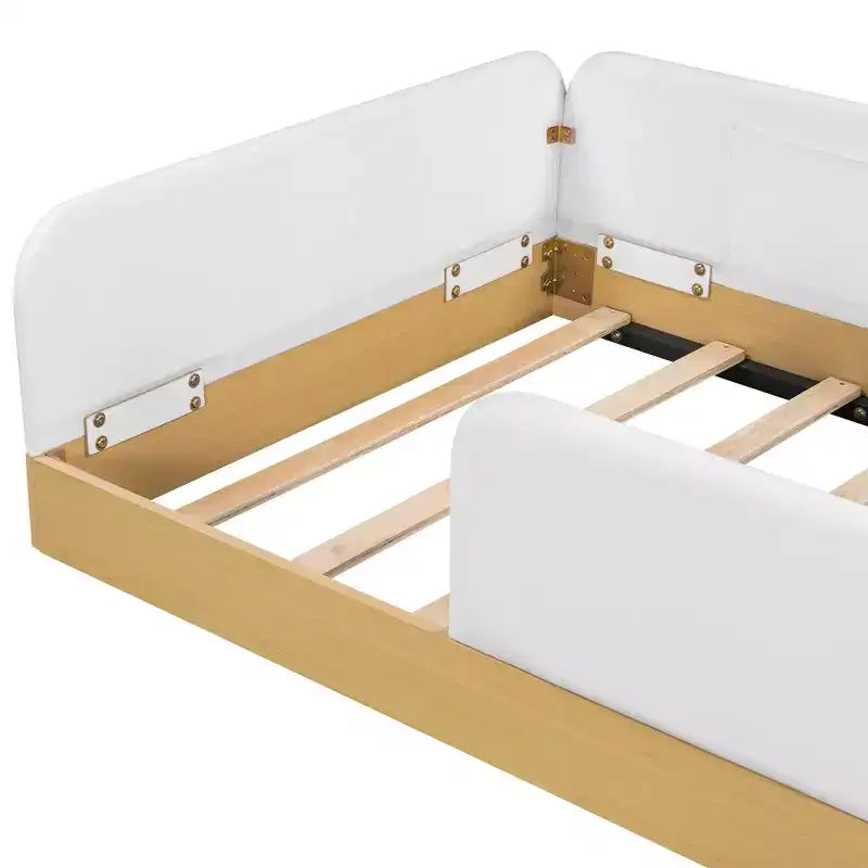 Twin Size Upholstered Platform Bed Frame with Velvet Guardrails & 3 Built-In Storage Bags, Natural