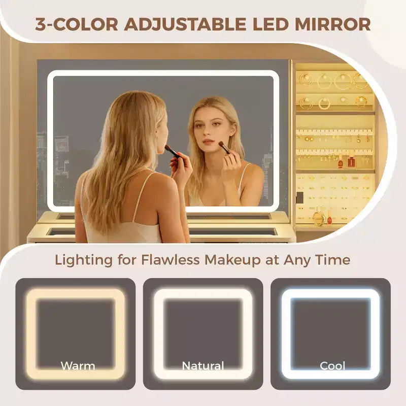 48" Fluted Makeup Vanity Desk with Mirror & LED Lights, Charging Station, Cushioned Storage Stool for Bedroom