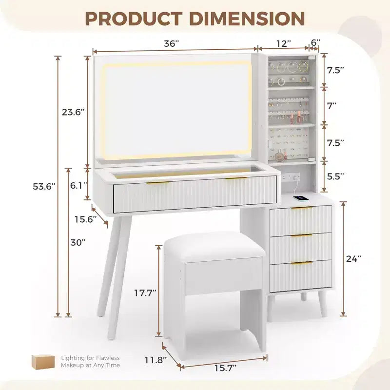 48" Fluted Makeup Vanity Desk with Mirror & LED Lights, Charging Station, Cushioned Storage Stool for Bedroom