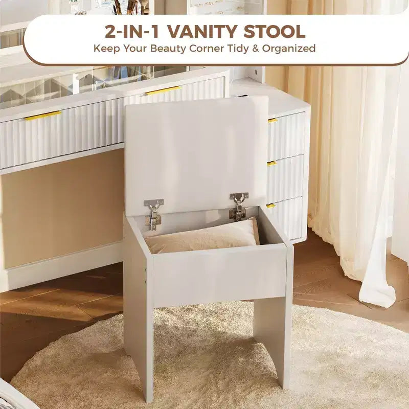 48" Fluted Makeup Vanity Desk with Mirror & LED Lights, Charging Station, Cushioned Storage Stool for Bedroom