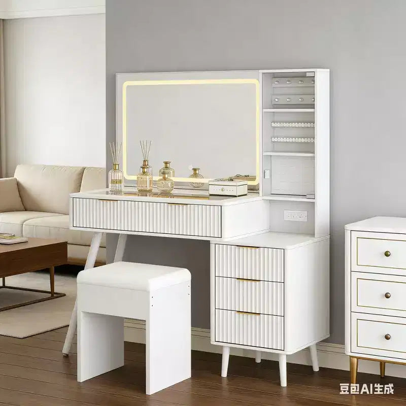 48" Fluted Makeup Vanity Desk with Mirror & LED Lights, Charging Station, Cushioned Storage Stool for Bedroom