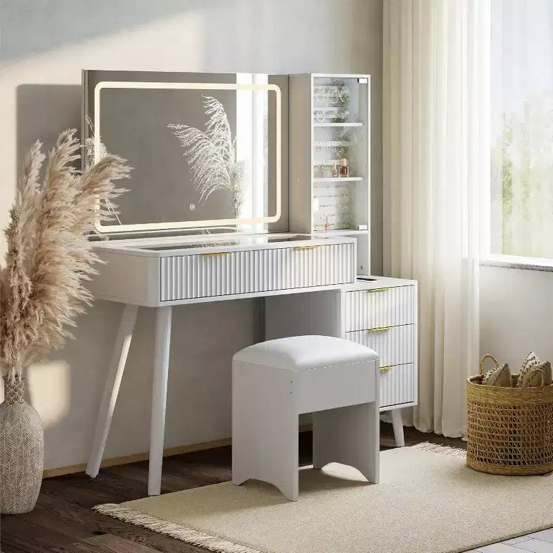48" Fluted Makeup Vanity Desk with Mirror & LED Lights, Charging Station, Cushioned Storage Stool for Bedroom